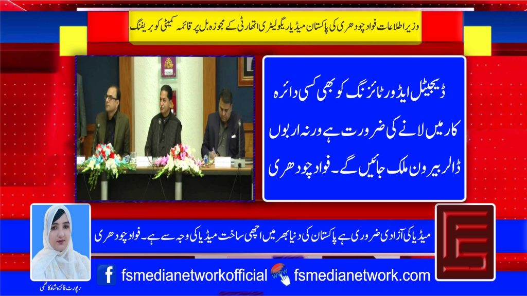 وزیر اطلاعات فواد چودھری کی پاکستان میڈیا ریگولیٹری اتھارٹی کے مجوزہ بل پرقائمہ کمیٹی کو بریفنگ